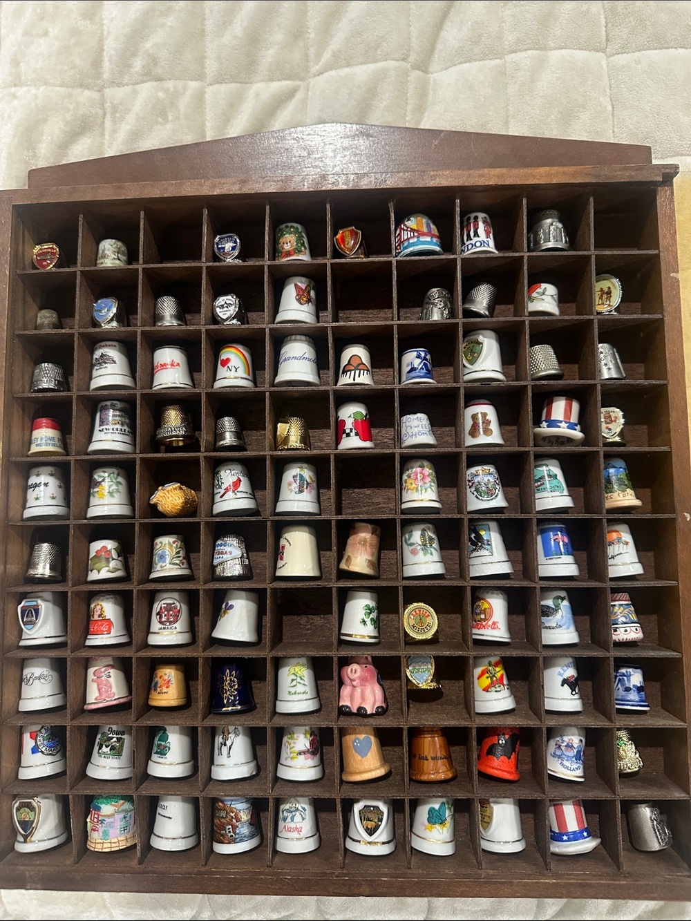 Wooden Thimble Display Shelf with 95 Assorted Decorative Thimbles
